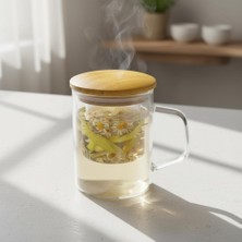 Delixa Bambu Kapaklı Süzgeçli Kupa 350 ml | Bitki Çayı, Demleme Çay Kupası | Borosilikat Isıya Dayanıklı |