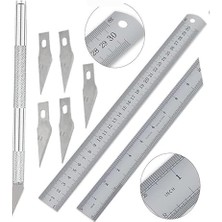 Cetvel 30 cm ve Kretuar Bıçağı 5 Yedek Bıcaklı 1 Adet Paslanmaz Çelik Metal Çetvel 30 Santimetre
