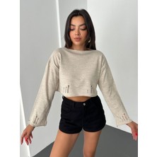 Moda Morfo Kayık Yaka Triko Crop -Taş
