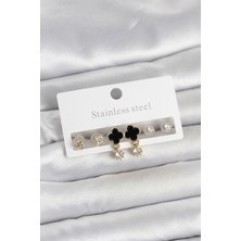 Pazarcan Çelik Gold Renk Yonca Detaylı Kadın Küpe Seti