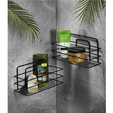 Boyu Paslanmaz Yapışkanlı Banyo Düzenleyici Şampuanlık Duş Rafı 2 Adet Siyah Tş-01