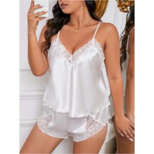 Cavalle Milano Curvy Beyaz Dantel Işlemeli Saten Şortlu Takım | Lüks Büyük Beden Koleksiyonu