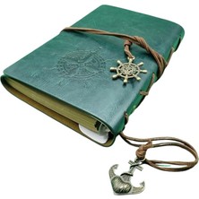 Retro Vintage Pusula Baskılı Çapa ve Dümen Kolye Uçlu Deri Kapaklı Günlük Not Defteri Denizci Defter Özel Tasarım Hediyelik Yeşil