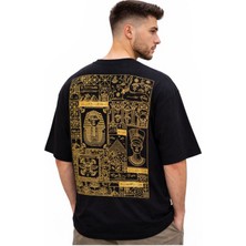 Zueofficial Erkek Siyah Oversize Bisiklet Yaka Piramit Baskılı %100 Pamuklu T-Shirt
