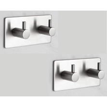 Paslanmaz Çelik 2 Adet 2 Topuzlu Bornoz Askısı Havlu Askılığı Set - Yapışmalı Bant Montaj