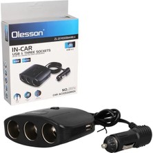 Uravas Store Olesson 1635 12-24V Çift USB Girişli 100W 70 cm Kablolu 3'lü Araç Çakmak Çoklayıcı 100X66X40MM