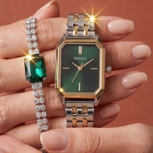 Ferrucci Bileklik Hediyeli Altın/metalik Yeşil Kadran Kadın Kol Saati 29 mm Dikdörtgen Kasa 2 Yıl Garantili