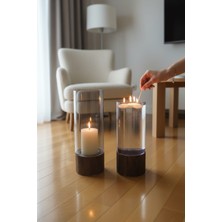 Lussart Collection 2 Li Takım Ahşap Ayaklı Iskandinav Tarzı Cam Silindir Mumluk - Vazo (12X33,5CM - 12X29,5CM)