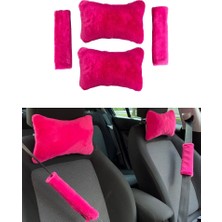 Calperia Peluş Ortopedik Araba Seyahat Boyun Yastığı Emniyet Kemer Pedi Seti Fuşya Pembe