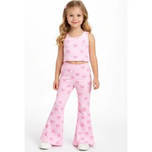 Özge Başaran Kız Çocuk Pembe Fiyonk Desenli Ribana 2'li Takım Ispanyol Paça Şık Rahat Kombin