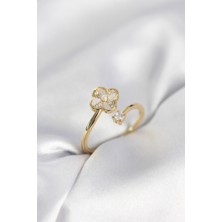 Gold Renk Zirkon Taşlı Yonca Model Kadın Yüzük - Lisinya