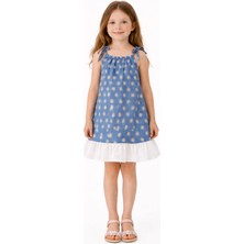 Özge Başaran Kız Çocuk %100 Pamuk Kot Kumaş Çiçek Desenli Askılı Yazlık Elbise