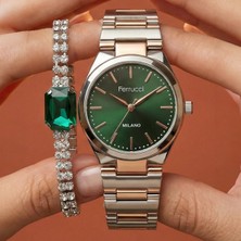 Ferrucci Bileklik Hediyeli Rose/metalik Yeşil Kadran Kadın Kol Saati 30 mm 3 Atm Su Geçirmez 2 Yıl Garantili