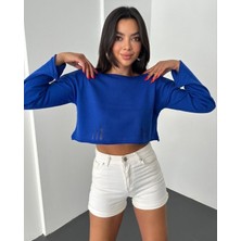 Moda Morfo Kayık Yaka Triko Crop -Saks