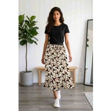 BBS Kadın Bej Çiçek Desenli Beli Lastikli Uzun Etek - Rahat Kesim