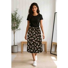BBS Kahverengi Papatya Desenli Beli Lastikli Salaş Uzun Etek - Rahat Kesim