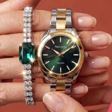 Ferrucci Bileklik Hediyeli Altın/metalik Yeşil Kadran Kadın Kol Saati 30 mm Çelik Kordon 2 Yıl Garantili
