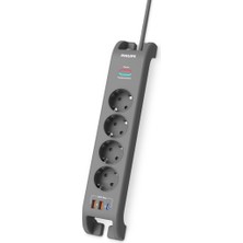 Kont Phılıps SPN4140GA/62 4 Soket Akım Korumalı Priz 2400 Joules 2mt Kablo 1xusb-C Pd 20W Hızlı Şarj 2xusb-A Qc 18W (GRI)(1923)