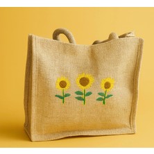 Ayçiçeği Nakışlı Naturel Jüt Omuz Çantası Tote Bag