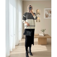 Moda Morfo Bisiklet Yaka Çizgili Etekli Triko Takım  -Siyah