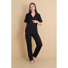 Wordex Mirano 2003 Kiraz Desenli Siyah Düğmeli Kısa Kolu Pegasus Kadın Pijama Takımı