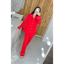 By Gamze Arman Kırmızı Renk Pamuk Kumaş Pileli Hamile Lohusa Pijama Takımı