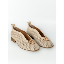 E.R.S Air Comfort Bej Hakiki Deri Zımbalı Kare Burunlu Şık Babet Ayakkabı