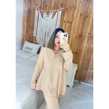By Gamze Arman Ten Rengi Pamuk Kumaş Pileli Hamile Lohusa Pijama Takımı