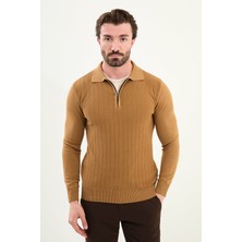 MCR Desenli Slim Fit Polo Yaka Fermuarlı Yün Erkek Triko Kazak