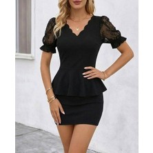 Cotton Lab Cottonlab Kadın Kısa Kollu V Dantel Yakalı Belden Volanlı Kısa Ithal Krep Elbise