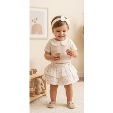 Kidzes Kız Bebek Kısa Kollu Merserize Bluz Müslin Etek Saç Bandı 3'lü Kombin