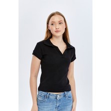 Trender Derin Patlı Kaşkorse Kadın T-Shirt 605-06 Siyah