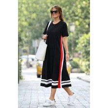 Secret Sita Kadın Kısa Kollu Bisiklet Yaka Yan Şerit Detaylı Midi Viskon Elbise