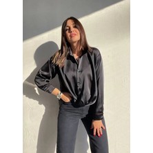 Lustrin Siyah Saten Gömlek Önü Büzgülü