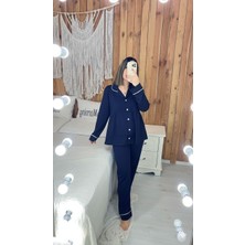 By Gamze Arman Lacivert Renk Pamuk Kumaş Pileli Hamile Lohusa Pijama Takımı