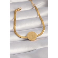 Uravas Store Çelik Gold Renk Italyan Zincir Model Işlemeli Madalyon Figür Kadın Bileklik