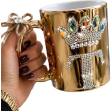 TG Design Özel Tsarım Kristal Taşlı Gold Aynalı Kupa Bardak-T Harfi ve Kraliçe Tacı Motifli Özel Tsarım Kristal Taşlı Gold Aynalı Kupa Bardak-T Harfi ve Kraliçe Tacı Motifli