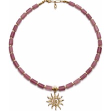 Ehm Çilek Kuvars Doğal Taş Kolye Hematit Detaylı Altın Kaplama Güneş Uçlu Çelik Aparat Kadın Kolye