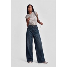 Markapia Kadın Indigo Yüksek Bel Culotte Fit Wideleg Jean Pantolon