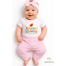 Babyden's Kız Bebek Bayramlık 3'lü Takım Bayram Şekeri Baskılı Pamuklu Body Pantolon Fiyonk Saç Bandı Kombini