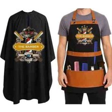 Smp Berber Iş Önlüğü ve Müşteri Penuar Lüks 2'li Set, Deri Kuaför Salon Çalışma Önlüğü