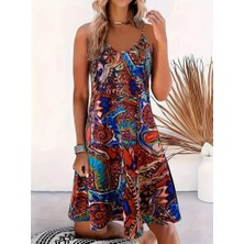 Zenvia Kadın Ip Askılı V Yakalı Desenli Kısa Süprem Elbise