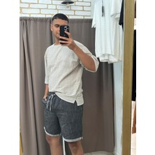 Tuba Toptaş Çizgili Keten Tshirt Gömlek