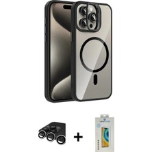Marsilyan™- iPhone 15 Pro Max Kılıf Yadigar Asil Koleksiyonu - Siyah Polymer Nano Ekran Koruyucu + Gümüş Raze Metal Kamera Lens