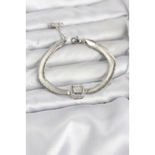 Uravas Store Çelik Gümüş Renk Baget Zirkon Taşlı Yılan Zincirli Kadın Bileklik