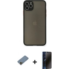 Marsilyan™- iPhone 11 Pro Max Kılıf Ahenk Çizgi Serisi - Siyah 3D Antistatik Hayalet Cam Ekran Koruyucu + Gold Shine Kamera Lens Koruma Cam