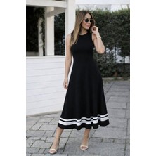 Lunelis Kadın Askılı Yuvarlak Yakalı Etek Ucu Şerit Detaylı Uzun Viskon Elbise