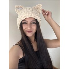 Hobilanka Std Kedi Kulaklı Puffy Bere Gri El Örgüsü Kışlık Bere Şapka Hello Kitty Klasik