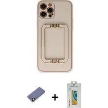 Marsilyan™- iPhone 12 Pro Kılıf Kozmos Minimal Prime - Siyah Polymer Nano Ekran Koruyucu + Gold Metal Kamera Lens Koruma Cam
