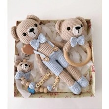 Hobilanka 1 - 2 Yaş Amigurumi Organik Örgü Oyuncak Papyonlu Ayıcık Set Tekstil Jel Dobby Mavi
